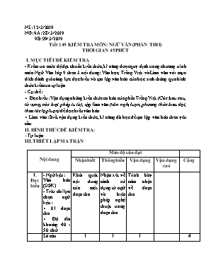 Giáo án Ngữ văn Lớp 9 - Tiết 149 Kiểm tra môn Ngữ văn (Phần thơ) - Năm học 2018-2019